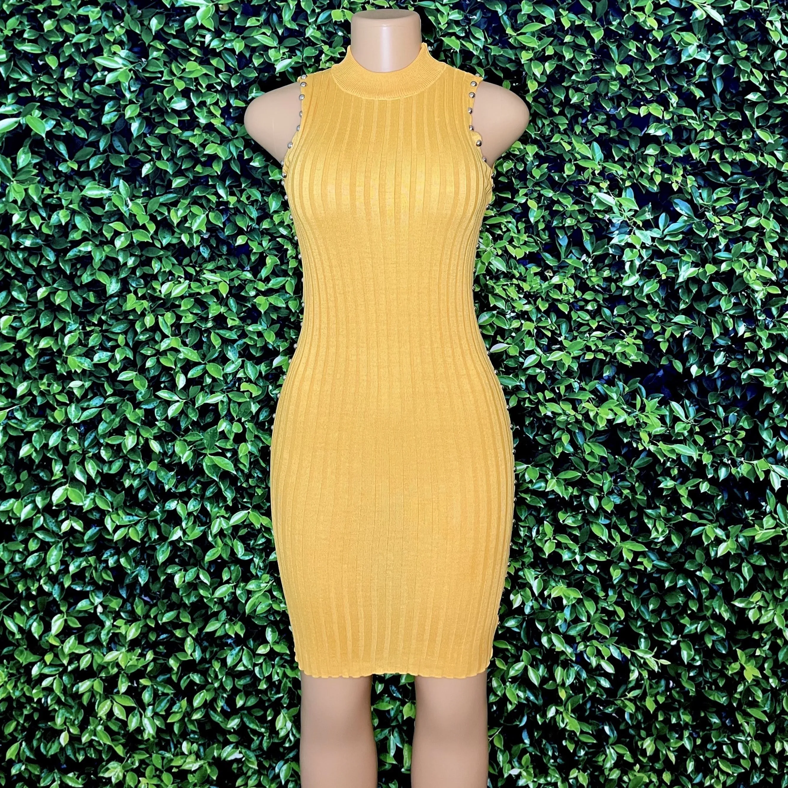 Mock-Neck Studded Rib-Knit Dress