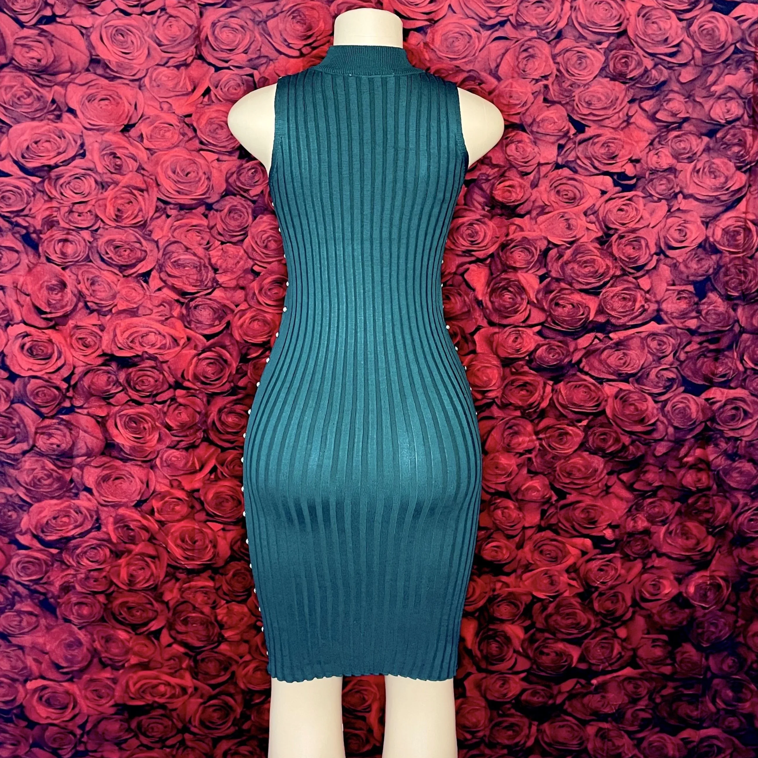 Mock-Neck Studded Rib-Knit Dress