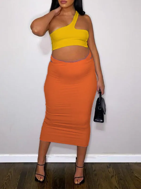 Momnfancy 2-in-1 Oblique Shoulder Irregular Fashion Bodycon Baby Shower Maternity Midi Dress