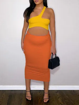 Momnfancy 2-in-1 Oblique Shoulder Irregular Fashion Bodycon Baby Shower Maternity Midi Dress
