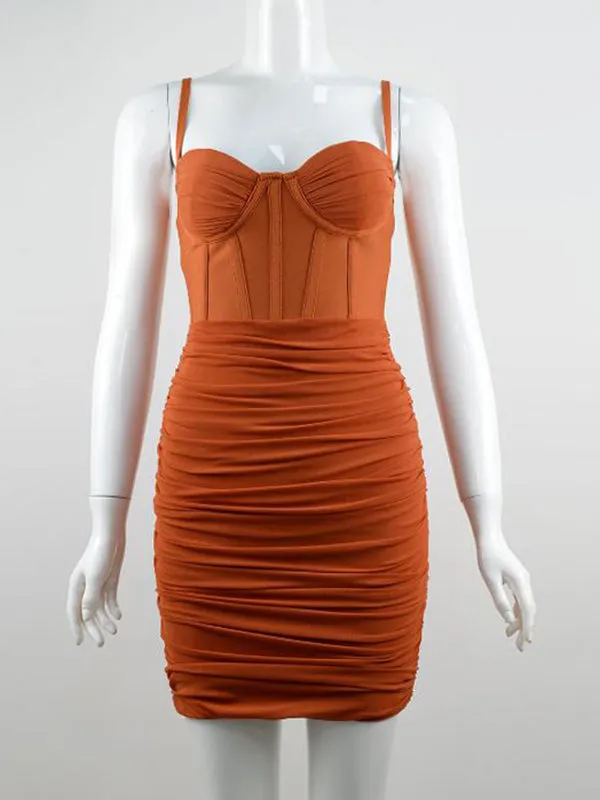 Momnfancy Orange Pleated Ruched Spaghetti Strap Pregnancy Bodycon Baby Shower Maternity Mini Dress
