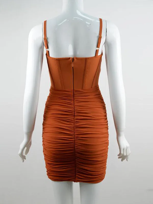 Momnfancy Orange Pleated Ruched Spaghetti Strap Pregnancy Bodycon Baby Shower Maternity Mini Dress