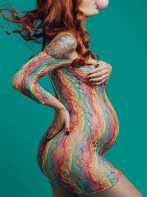 Momnfancy Rainbow Colorful Off Shoulder Hollow Out Bodycon Sheer Fashion Maternity Photoshoot Mini Dress
