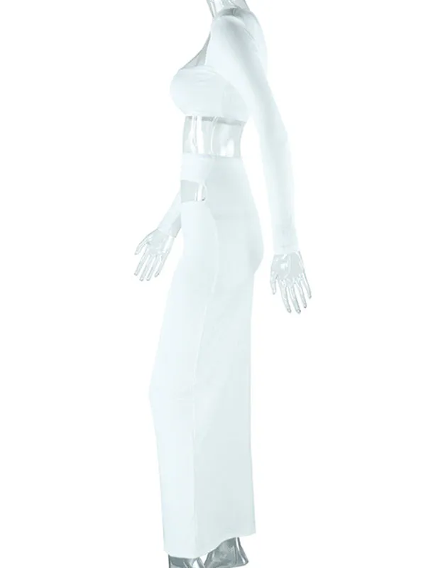Momnfancy White Two Peice Irregular Cut Out Crop Square Neck Bodycon 2-in-1 Chic Maternity Photoshoot Maxi Dress