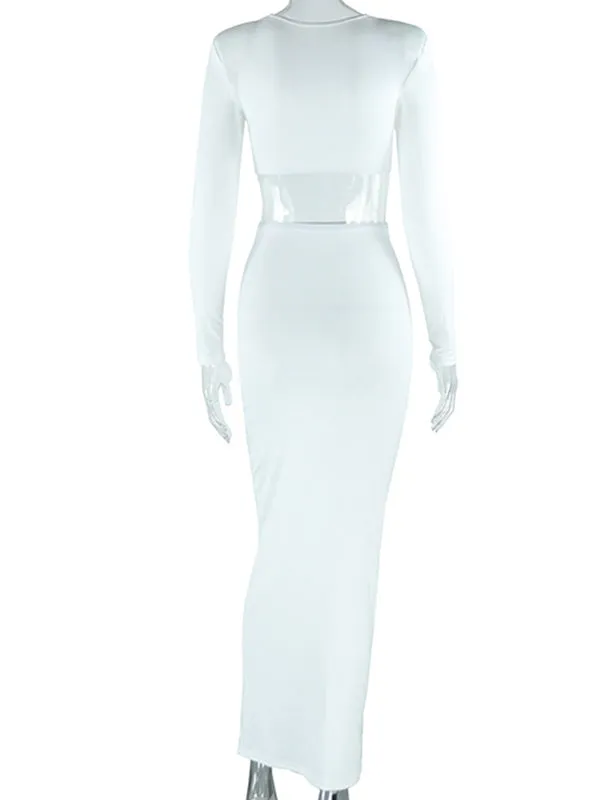 Momnfancy White Two Peice Irregular Cut Out Crop Square Neck Bodycon 2-in-1 Chic Maternity Photoshoot Maxi Dress