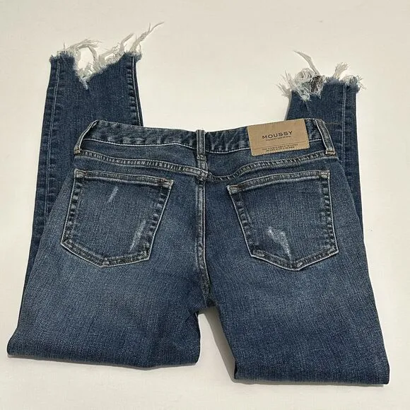 Moussy Womens Size 26 Distressed Mid Rise Cropped Raw Hem Jeans Pants Blue Denim