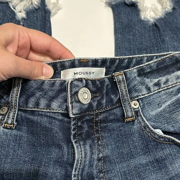 Moussy Womens Size 26 Distressed Mid Rise Cropped Raw Hem Jeans Pants Blue Denim