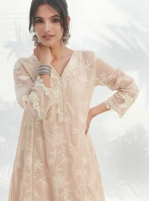 Mulmul Organza Alti Beige Kurta With Mulmul Cotton Alti Beige Pant