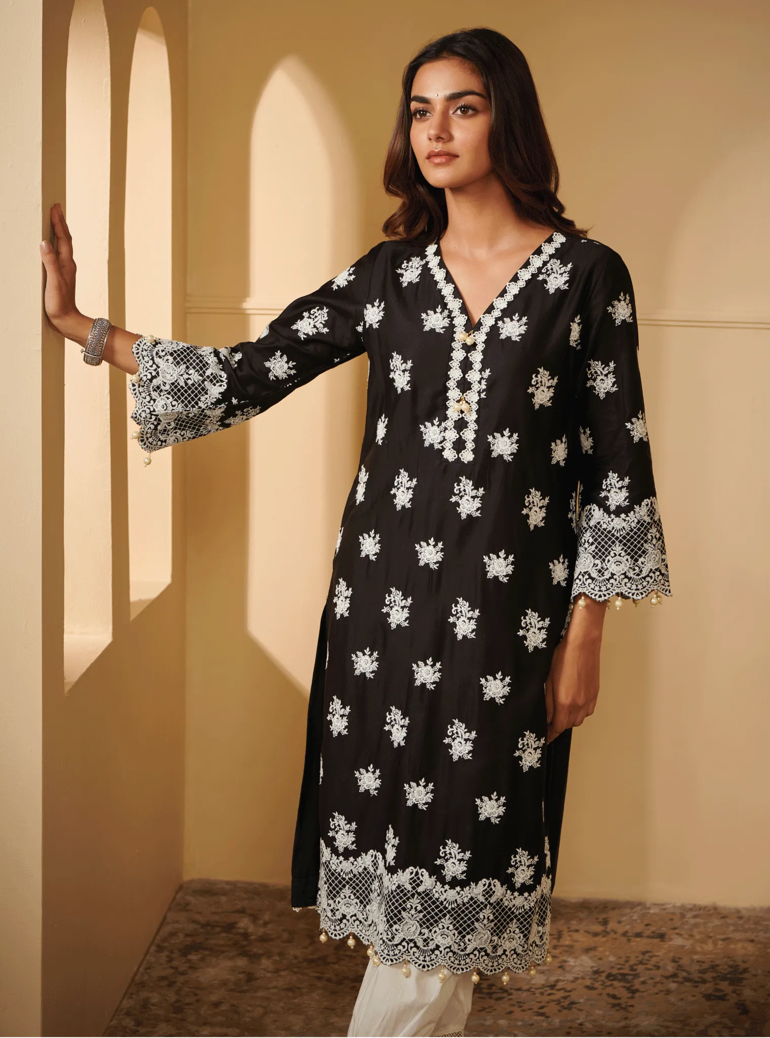 Mulmul Pima Satin Penna Black Kurta With Mulmul Cotton Harem White Pant