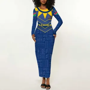 Namibia Yellow Sun Long Sleeve Bodycon Dress Sporty Style with Traditional Patterns TS04