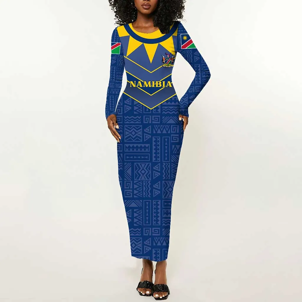 Namibia Yellow Sun Long Sleeve Bodycon Dress Sporty Style with Traditional Patterns TS04