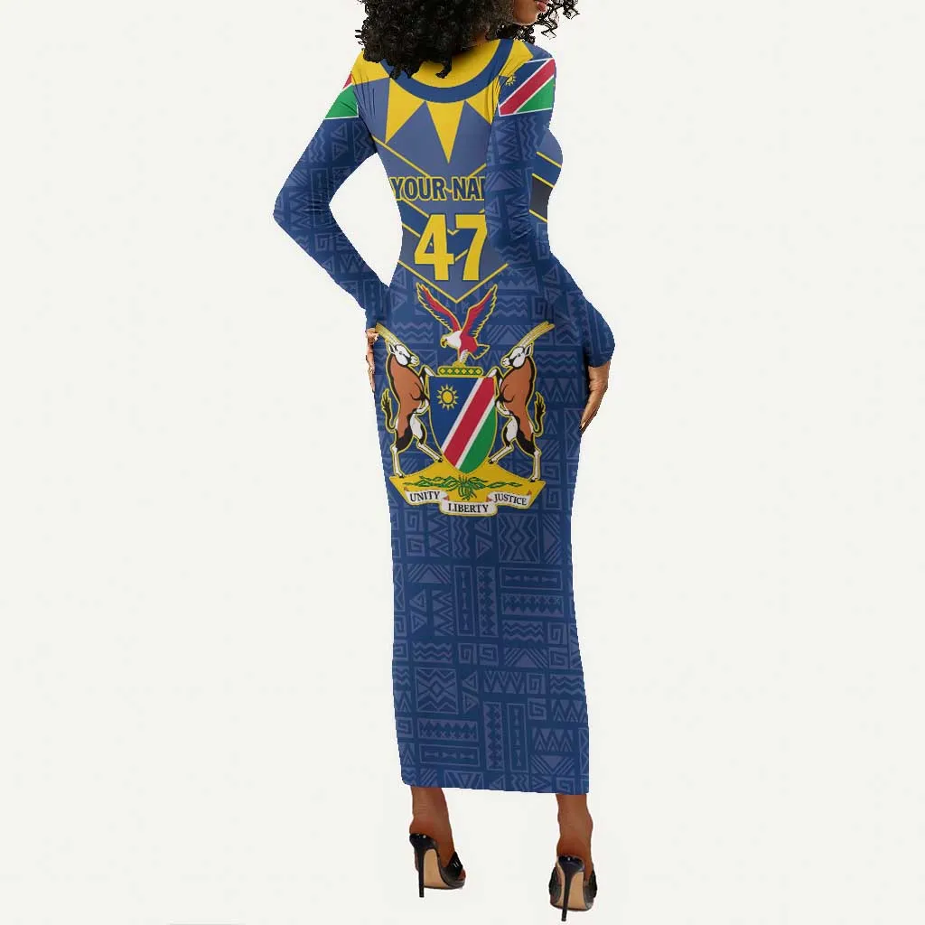 Namibia Yellow Sun Long Sleeve Bodycon Dress Sporty Style with Traditional Patterns TS04