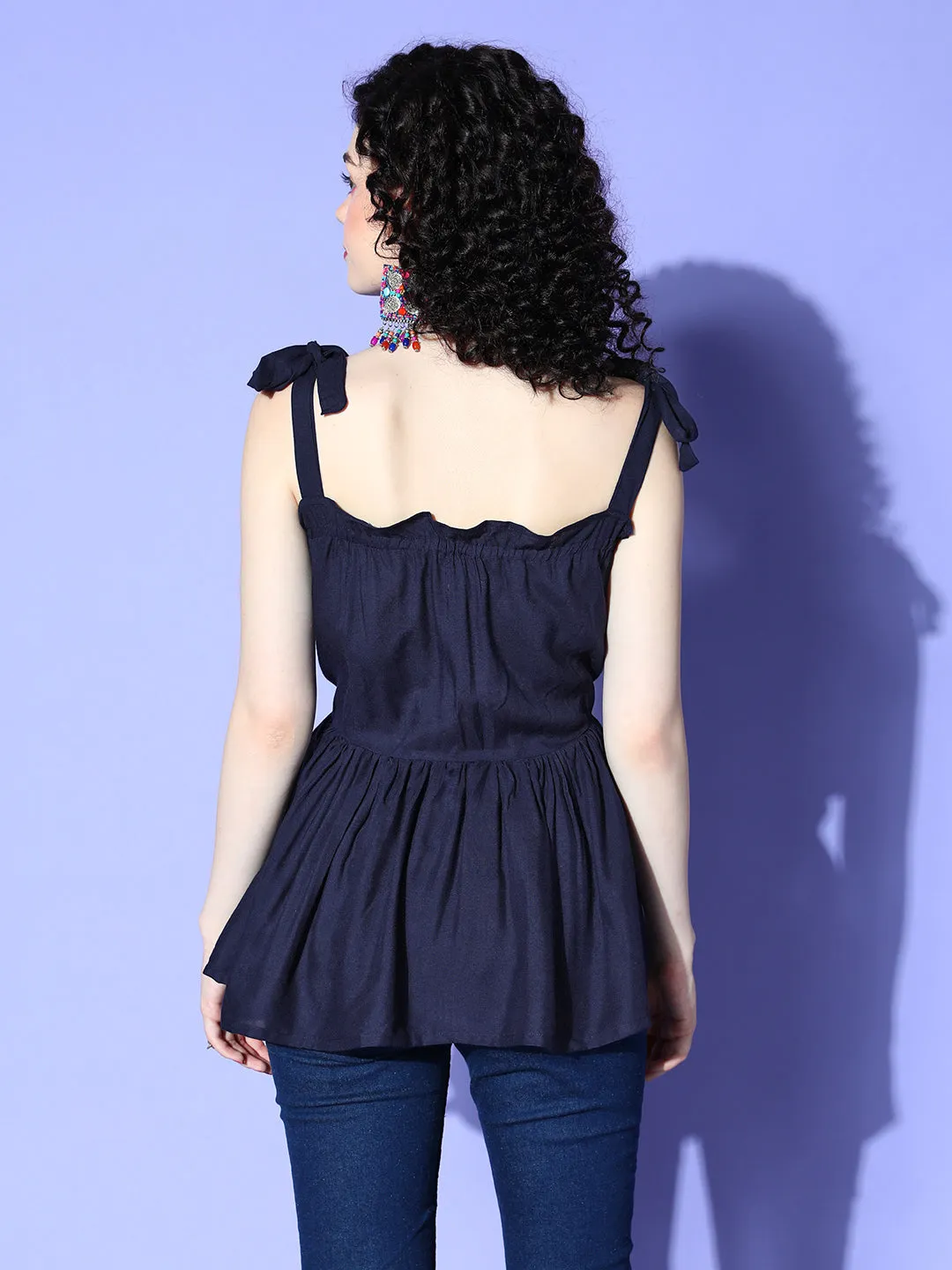 Navy Blue Shoulder Tie-Up Top