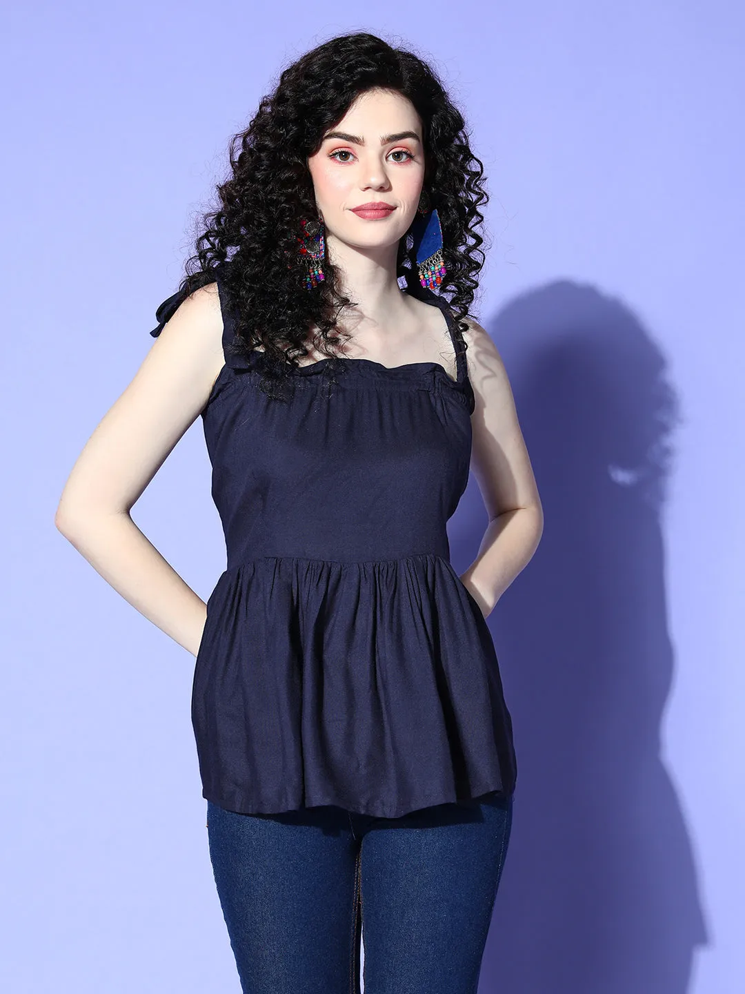 Navy Blue Shoulder Tie-Up Top