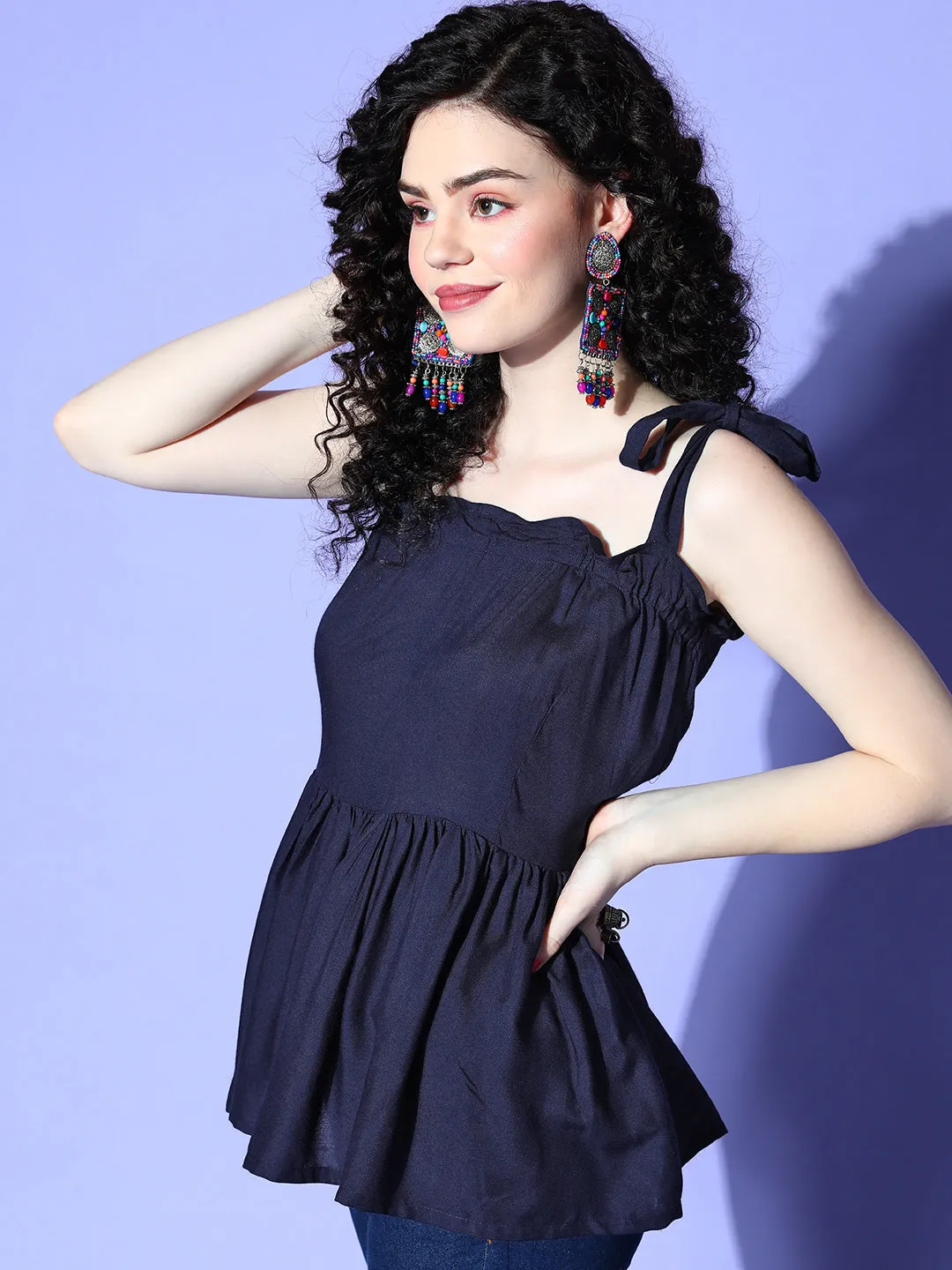 Navy Blue Shoulder Tie-Up Top