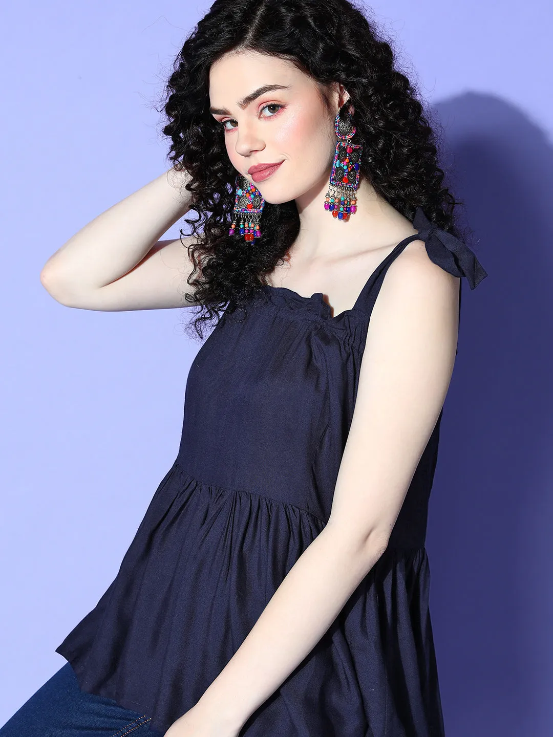 Navy Blue Shoulder Tie-Up Top