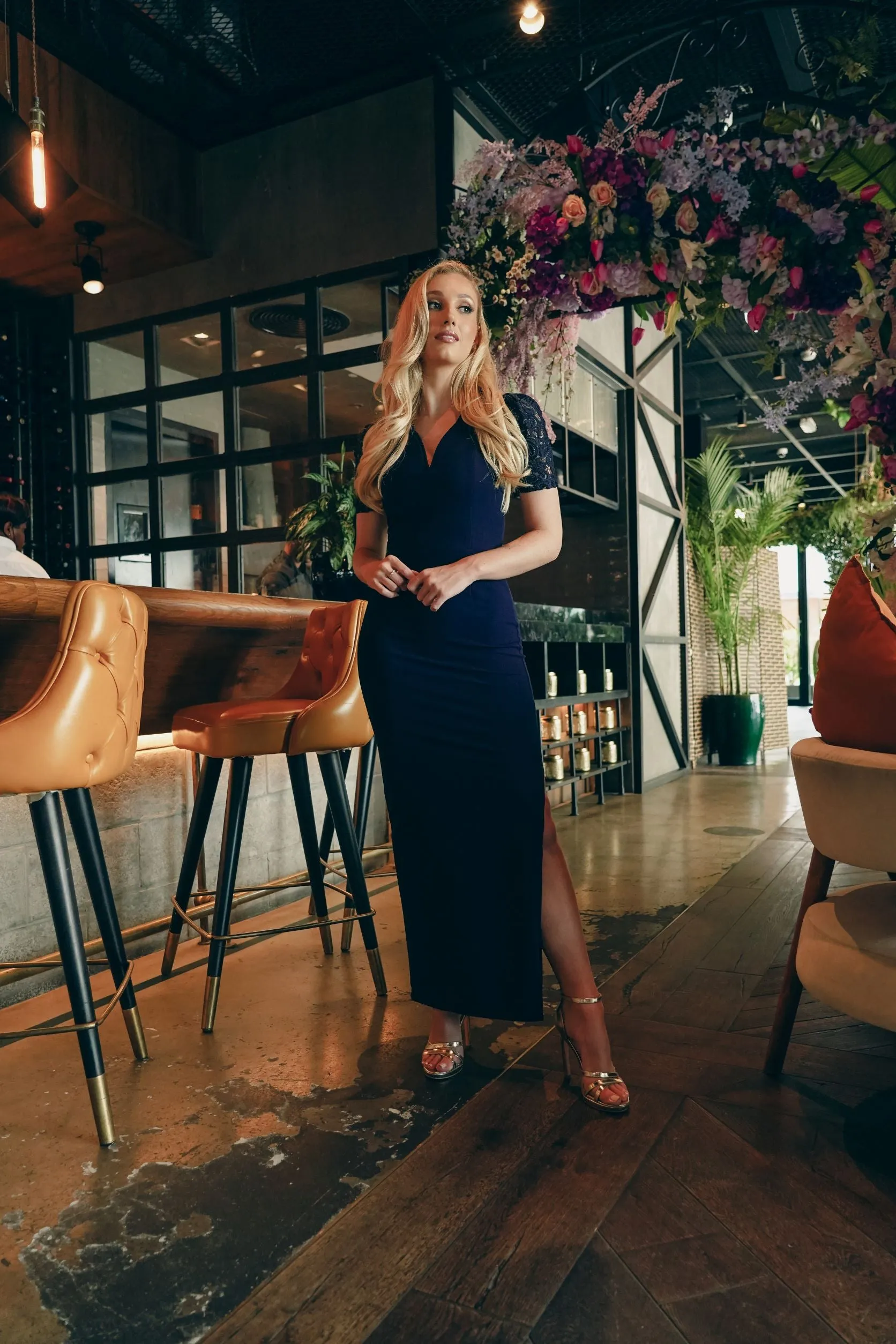 Navy maxi dress with lace sleeve and side slit