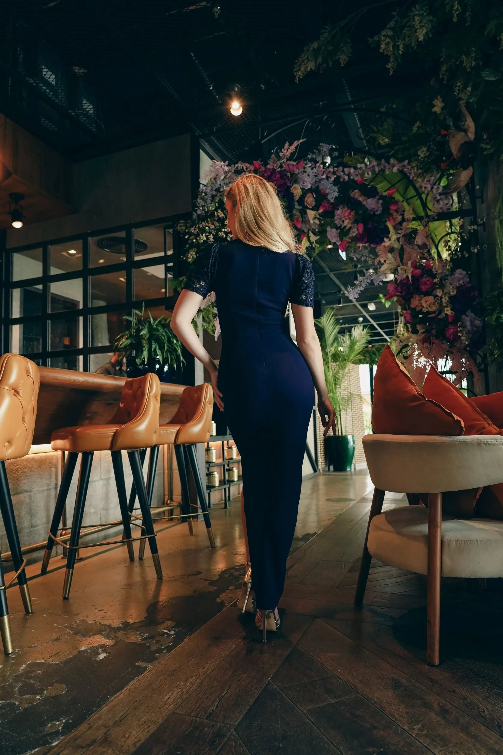 Navy maxi dress with lace sleeve and side slit