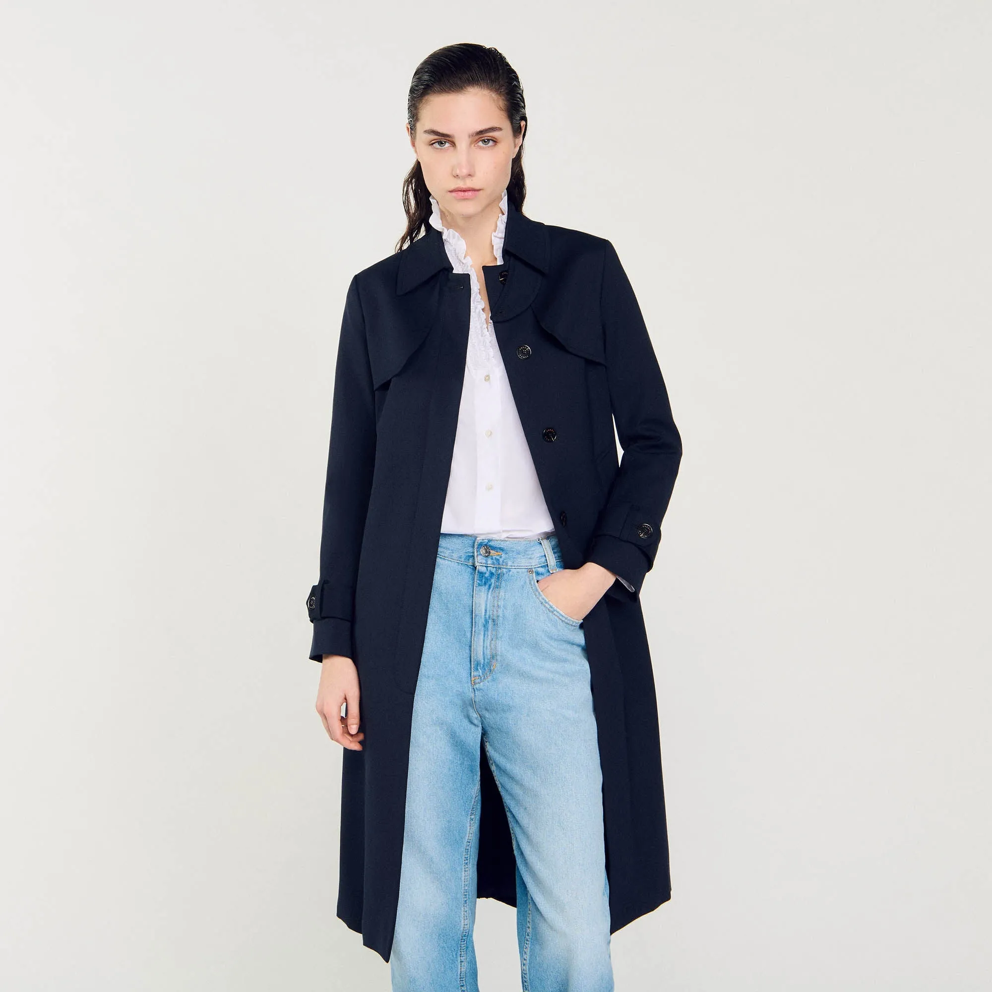 Navy Trench Coat With Pleated Inset Navy Blue