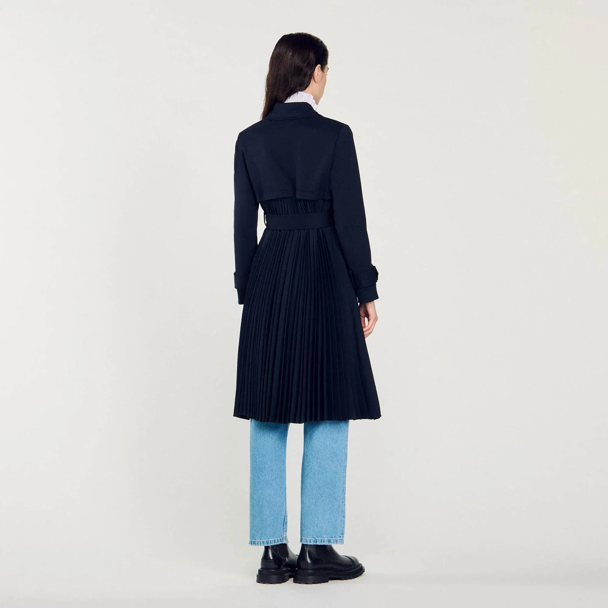Navy Trench Coat With Pleated Inset Navy Blue