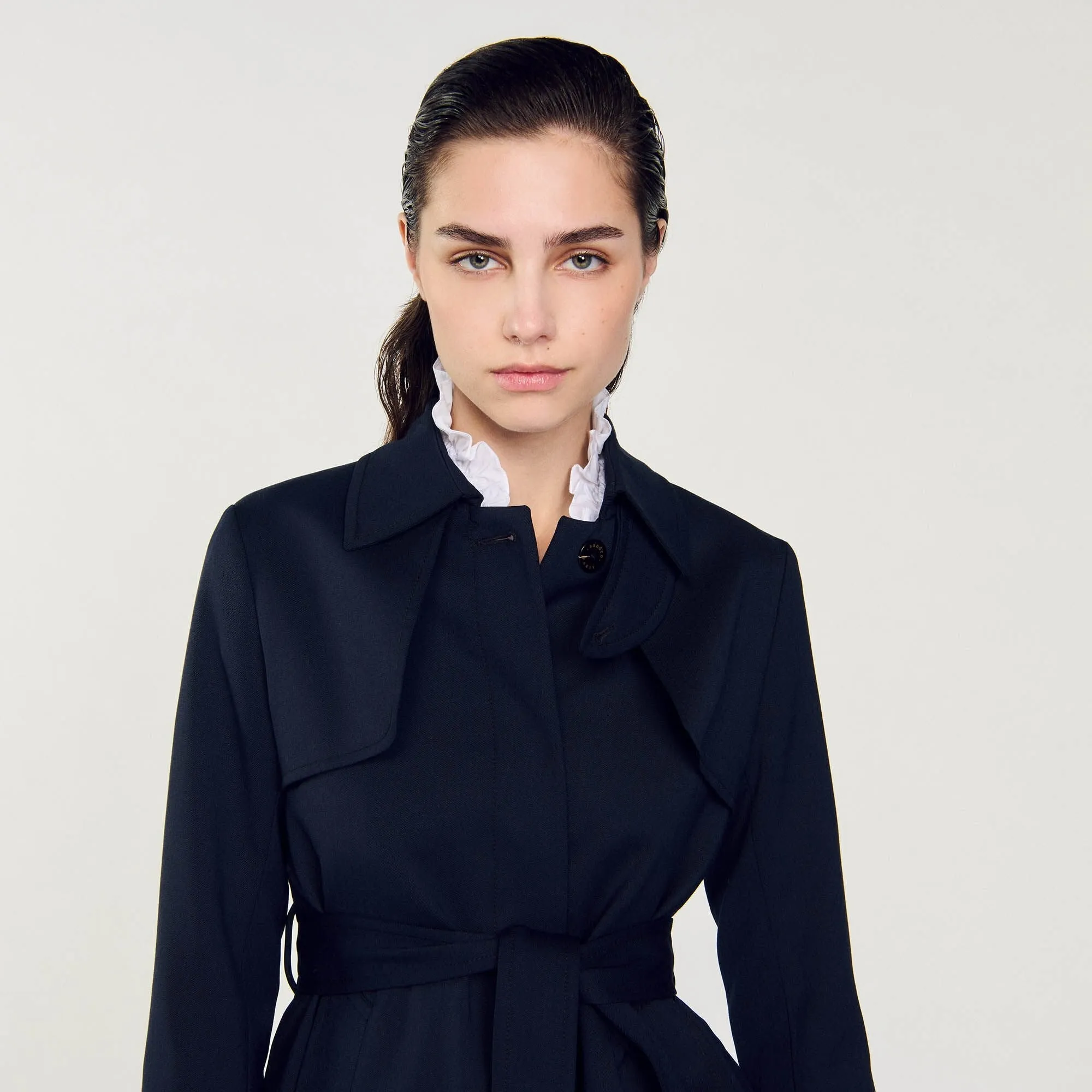 Navy Trench Coat With Pleated Inset Navy Blue
