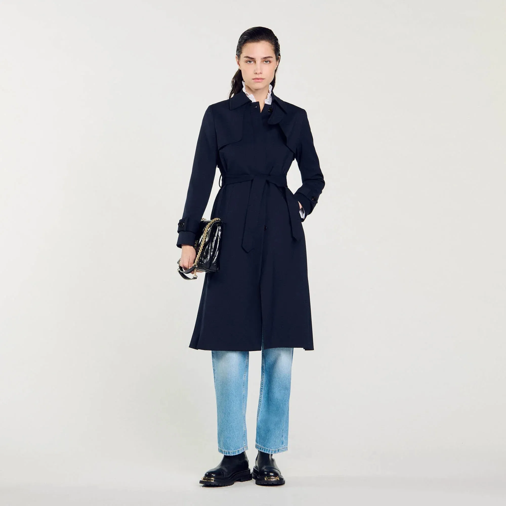 Navy Trench Coat With Pleated Inset Navy Blue