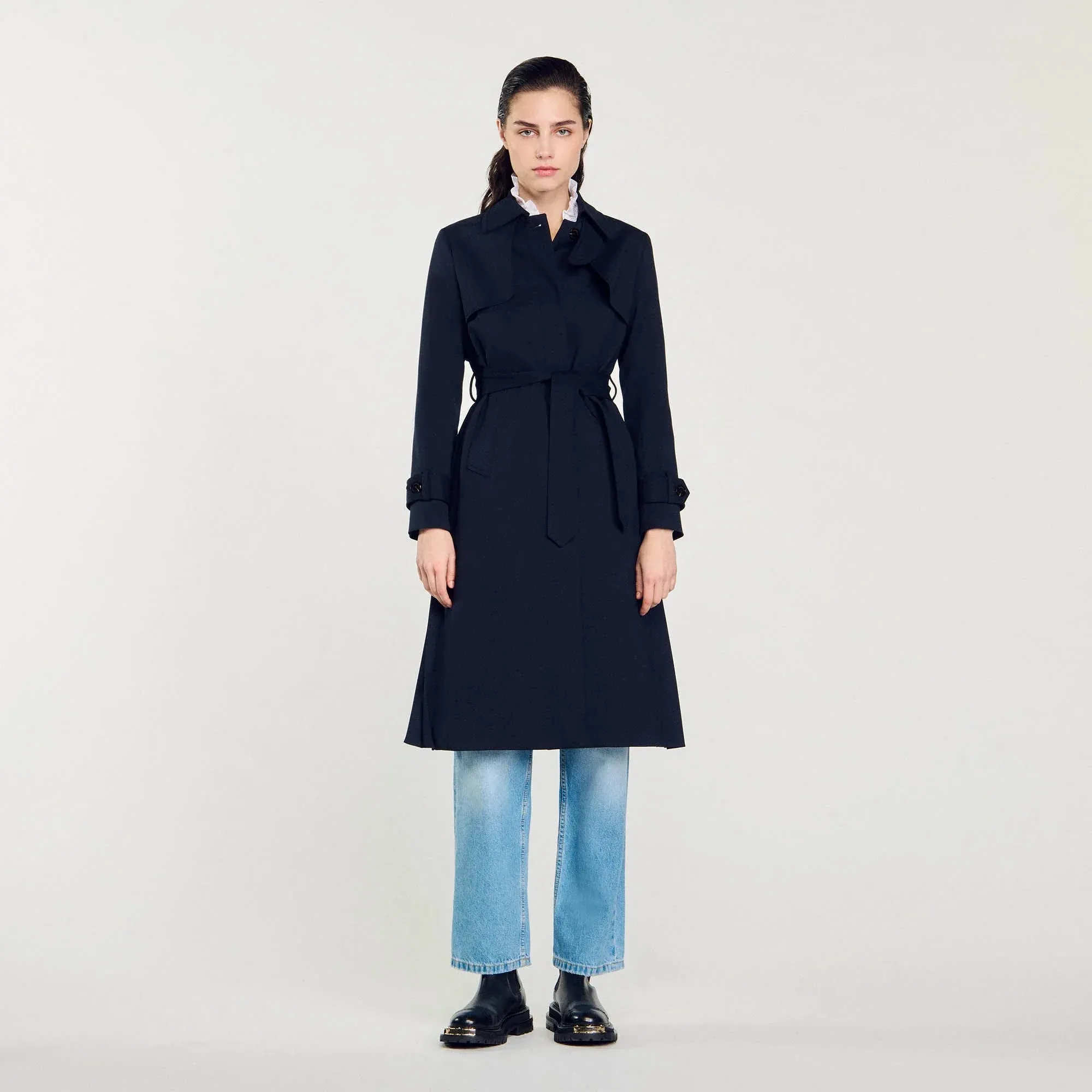 Navy Trench Coat With Pleated Inset Navy Blue