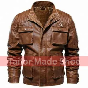 New Men Antique Brown Leather Jacket With Cargo Pockets, Brown Leather Apparel