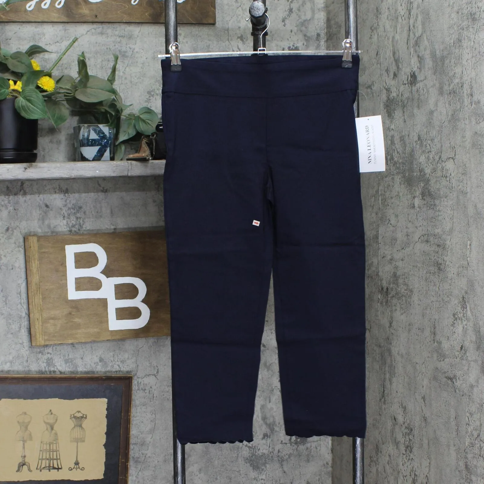 Nina Leonard Womens Pull-On Scallop-Hem Cropped Pants 660168 Navy Blue S