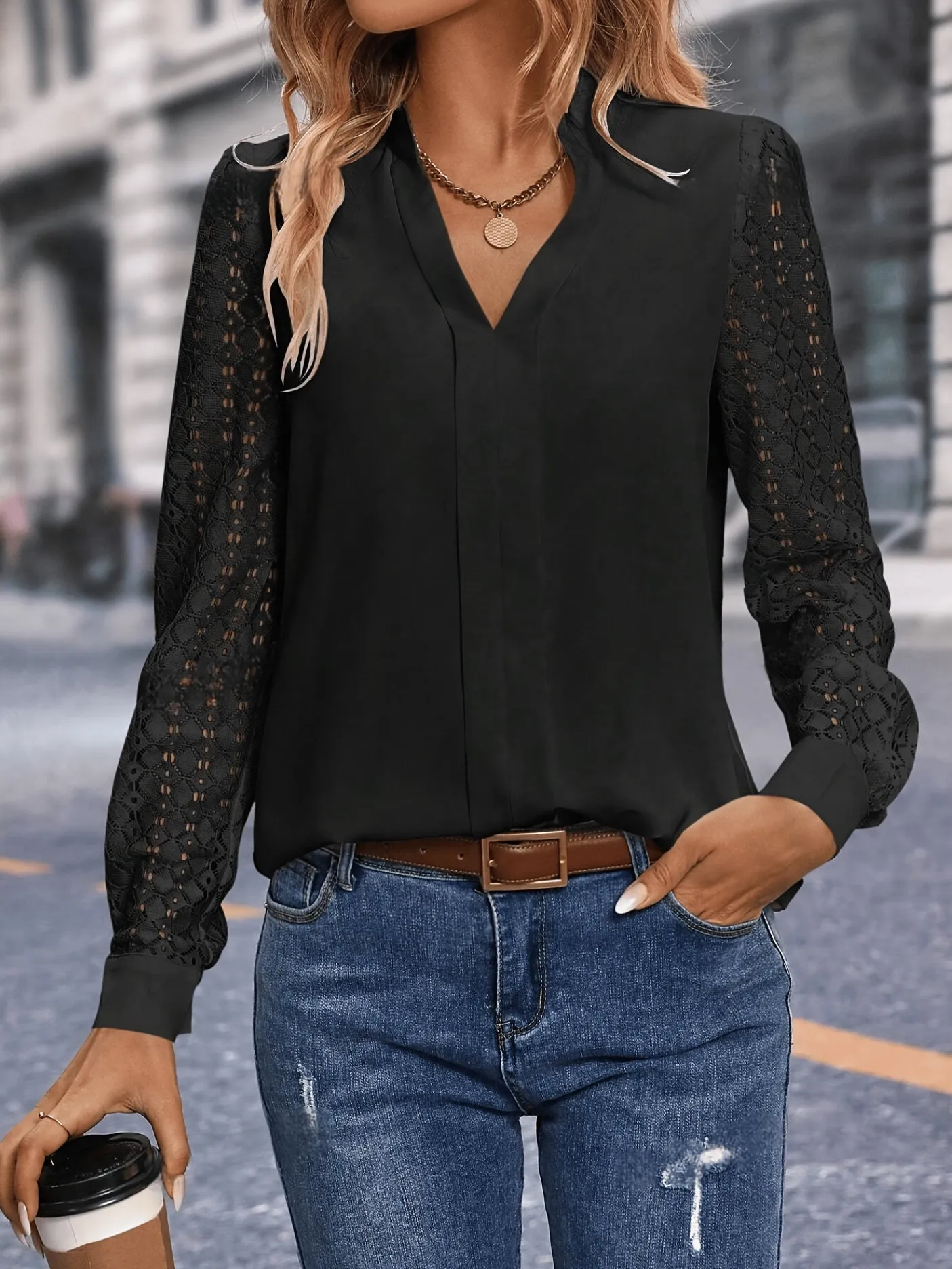 Notched Neck Blouse - Lace Detail and Long Sleeves Design