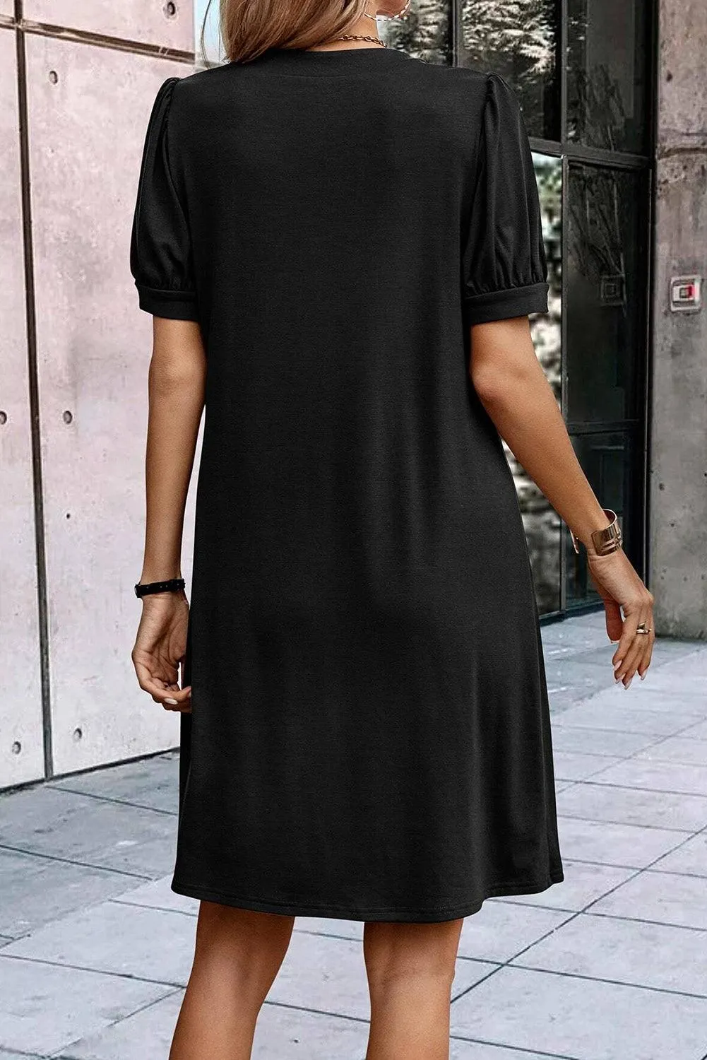 Notched Neck Pleated Puff Sleeve Shift Dress