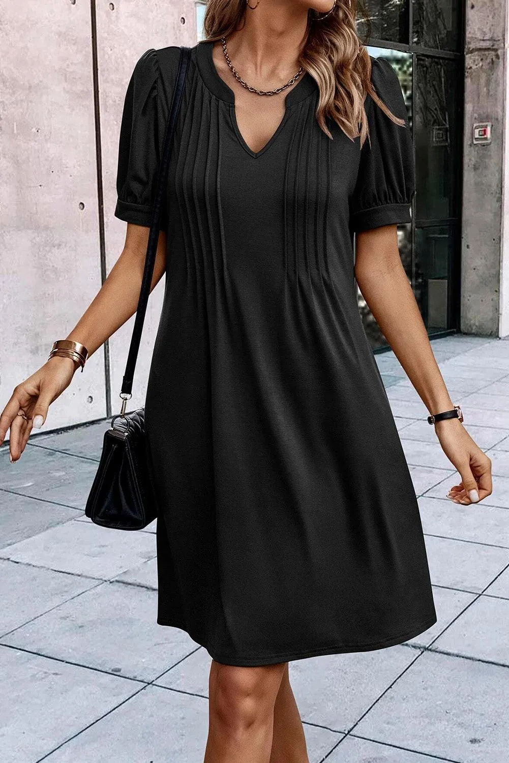 Notched Neck Pleated Puff Sleeve Shift Dress