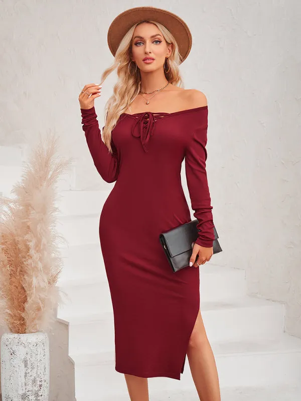 Off-Shoulder Bodycon Midi Dress with Tie Collar