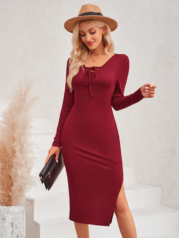 Off-Shoulder Bodycon Midi Dress with Tie Collar