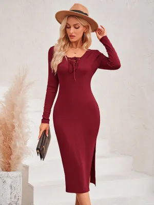Off-Shoulder Bodycon Midi Dress with Tie Collar