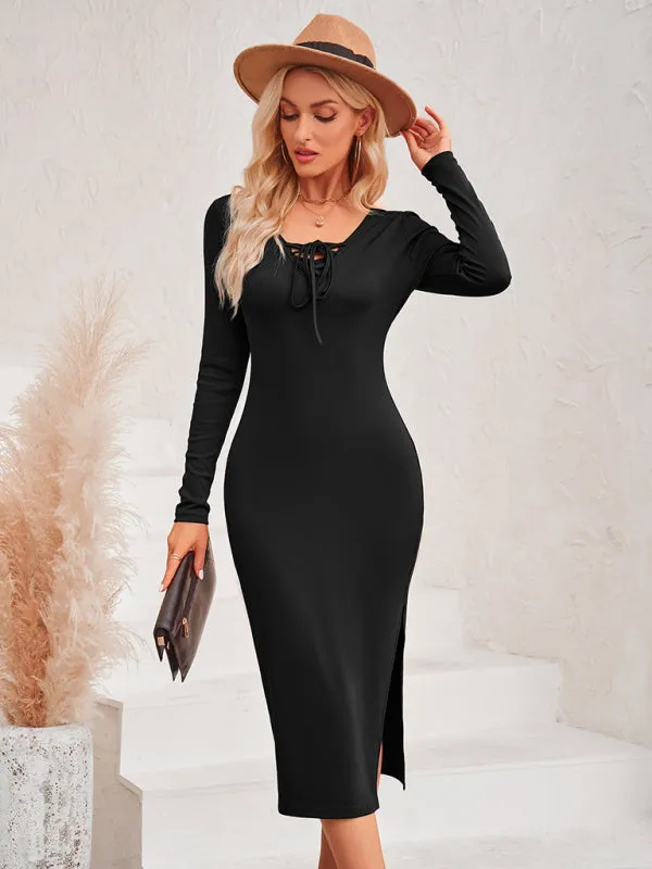Off-Shoulder Bodycon Midi Dress with Tie Collar