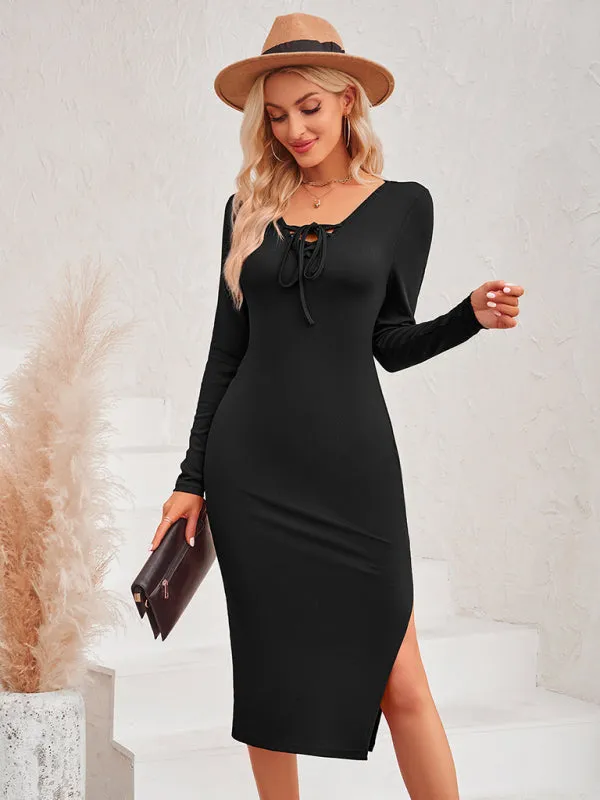 Off-Shoulder Bodycon Midi Dress with Tie Collar