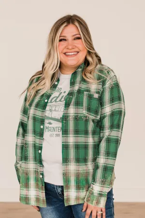 On The Lookout Bleached Plaid Top- Green