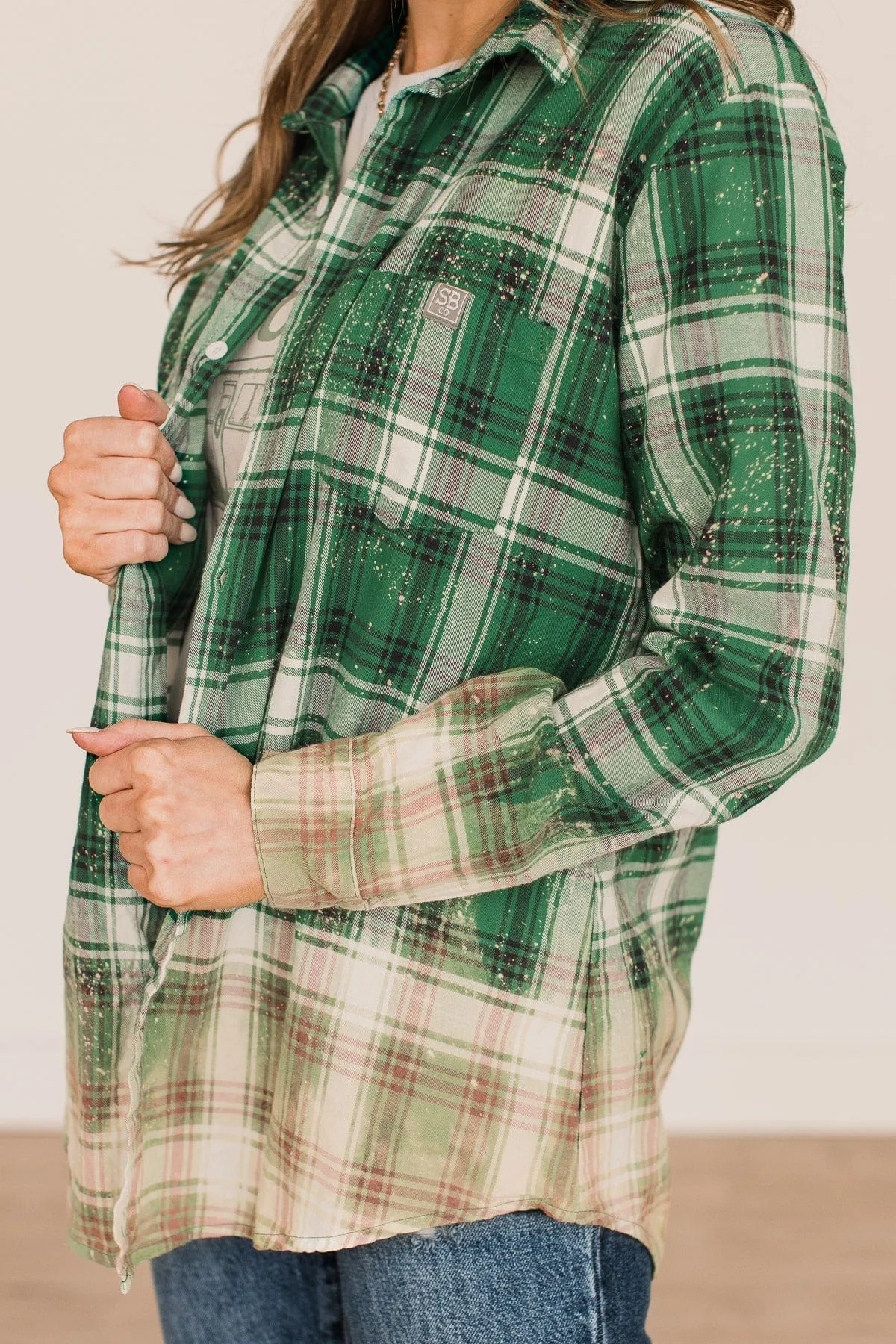 On The Lookout Bleached Plaid Top- Green