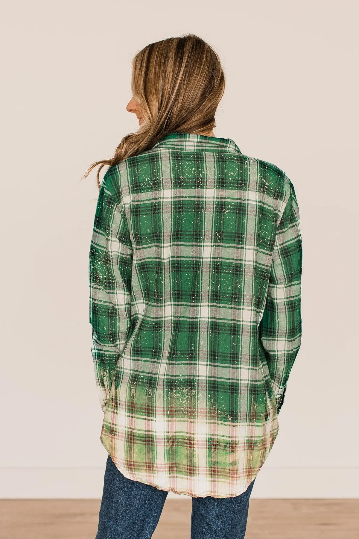 On The Lookout Bleached Plaid Top- Green