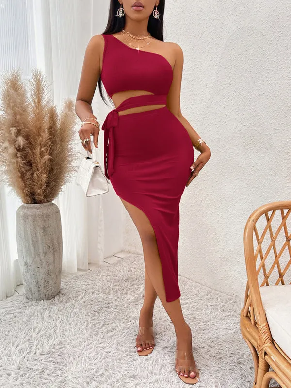 One-Shoulder Knitted Midi Dress with Tied Waist and High Slit