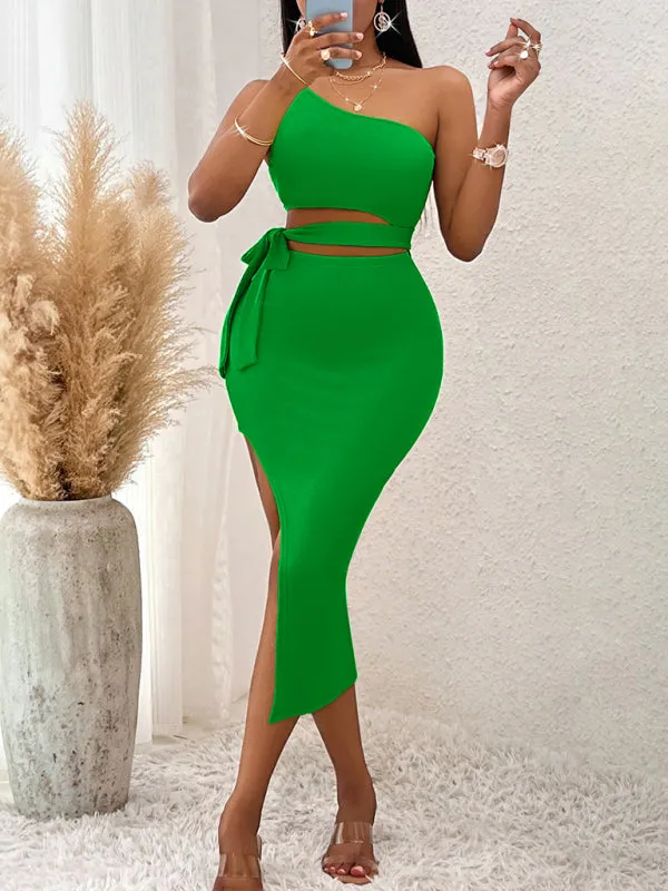 One-Shoulder Knitted Midi Dress with Tied Waist and High Slit