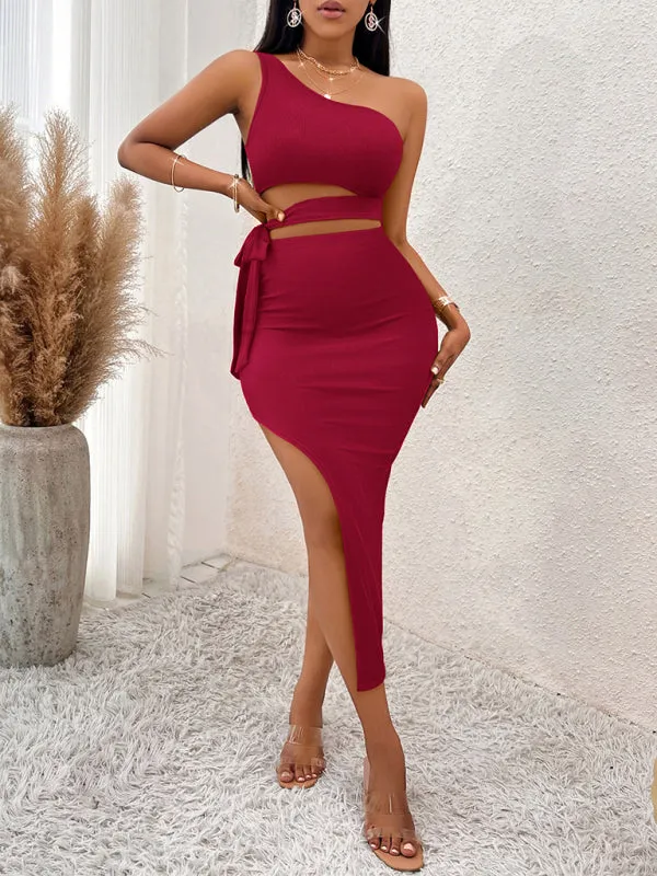 One-Shoulder Knitted Midi Dress with Tied Waist and High Slit