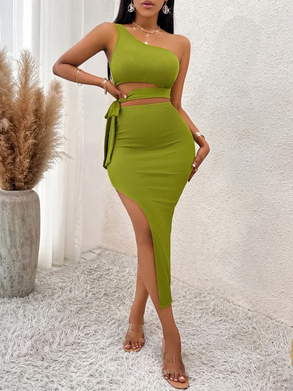 One-Shoulder Knitted Midi Dress with Tied Waist and High Slit