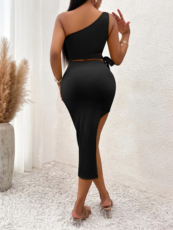 One-Shoulder Knitted Midi Dress with Tied Waist and High Slit