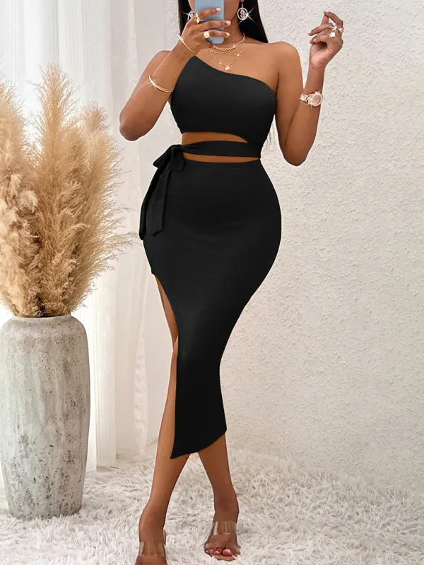 One-Shoulder Knitted Midi Dress with Tied Waist and High Slit