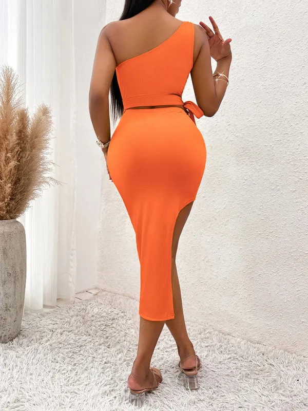 One-Shoulder Knitted Midi Dress with Tied Waist and High Slit