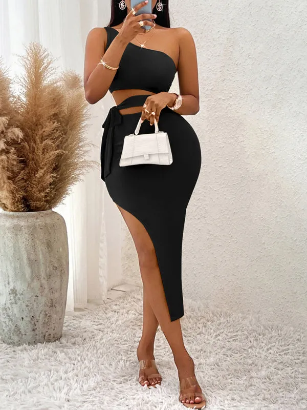 One-Shoulder Knitted Midi Dress with Tied Waist and High Slit