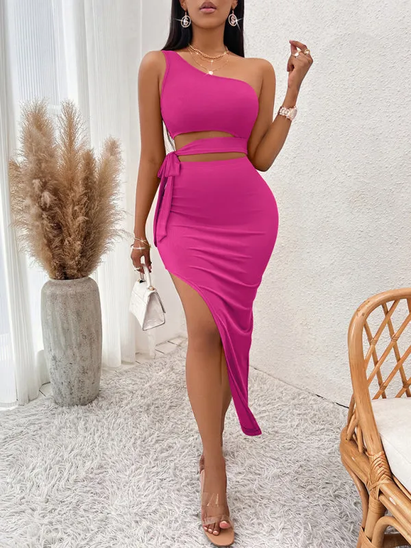 One-Shoulder Knitted Midi Dress with Tied Waist and High Slit