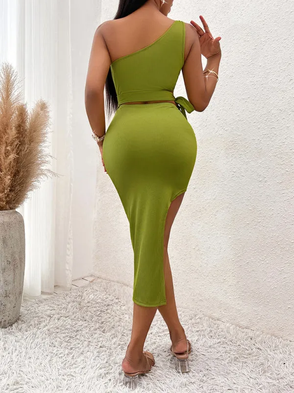 One-Shoulder Knitted Midi Dress with Tied Waist and High Slit